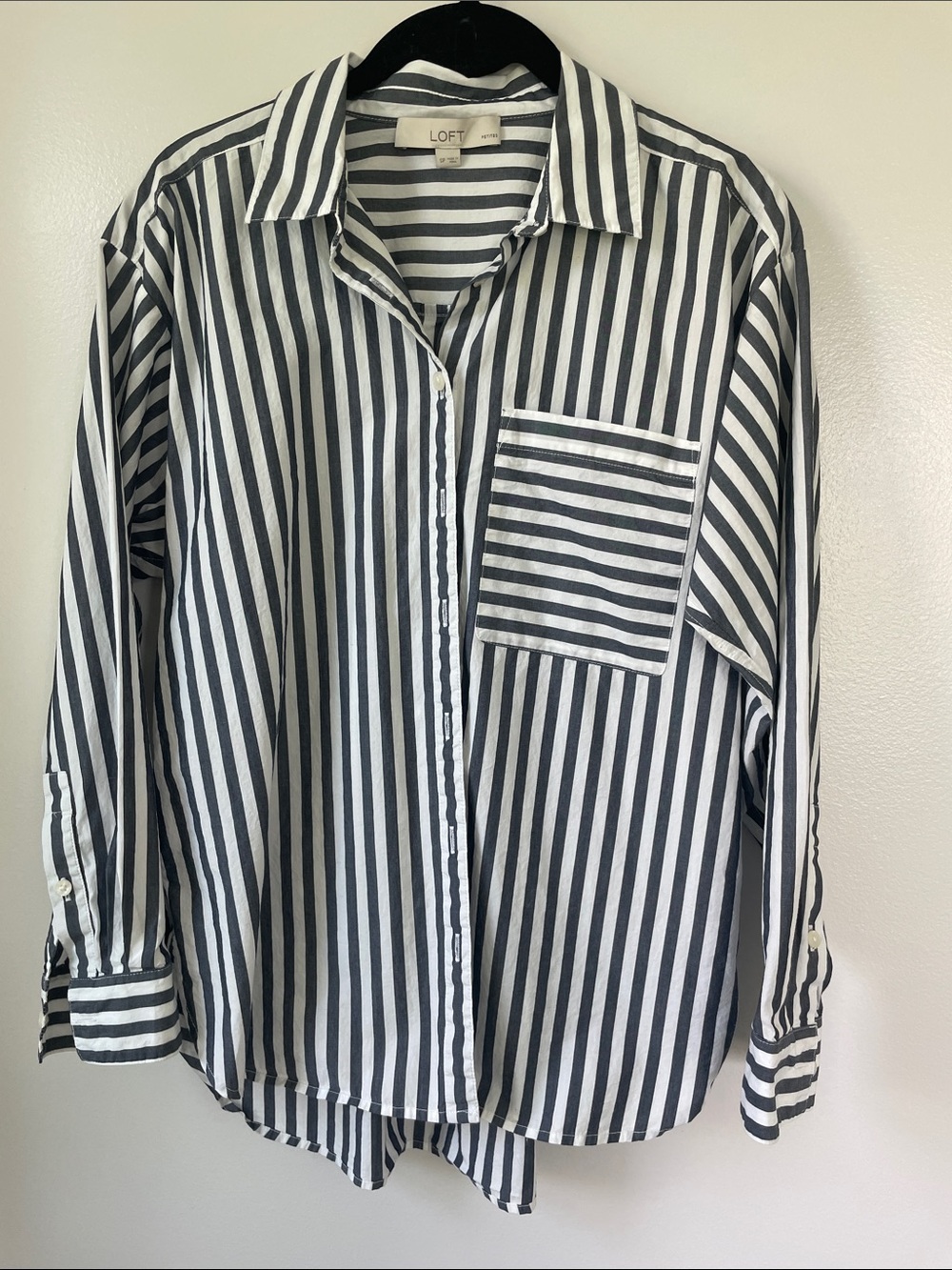 LOFT Gray  and White Vertical Stripe Shirt with Contrast Pocket